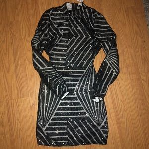 shinny open back long sleeve bodycon mini dress
